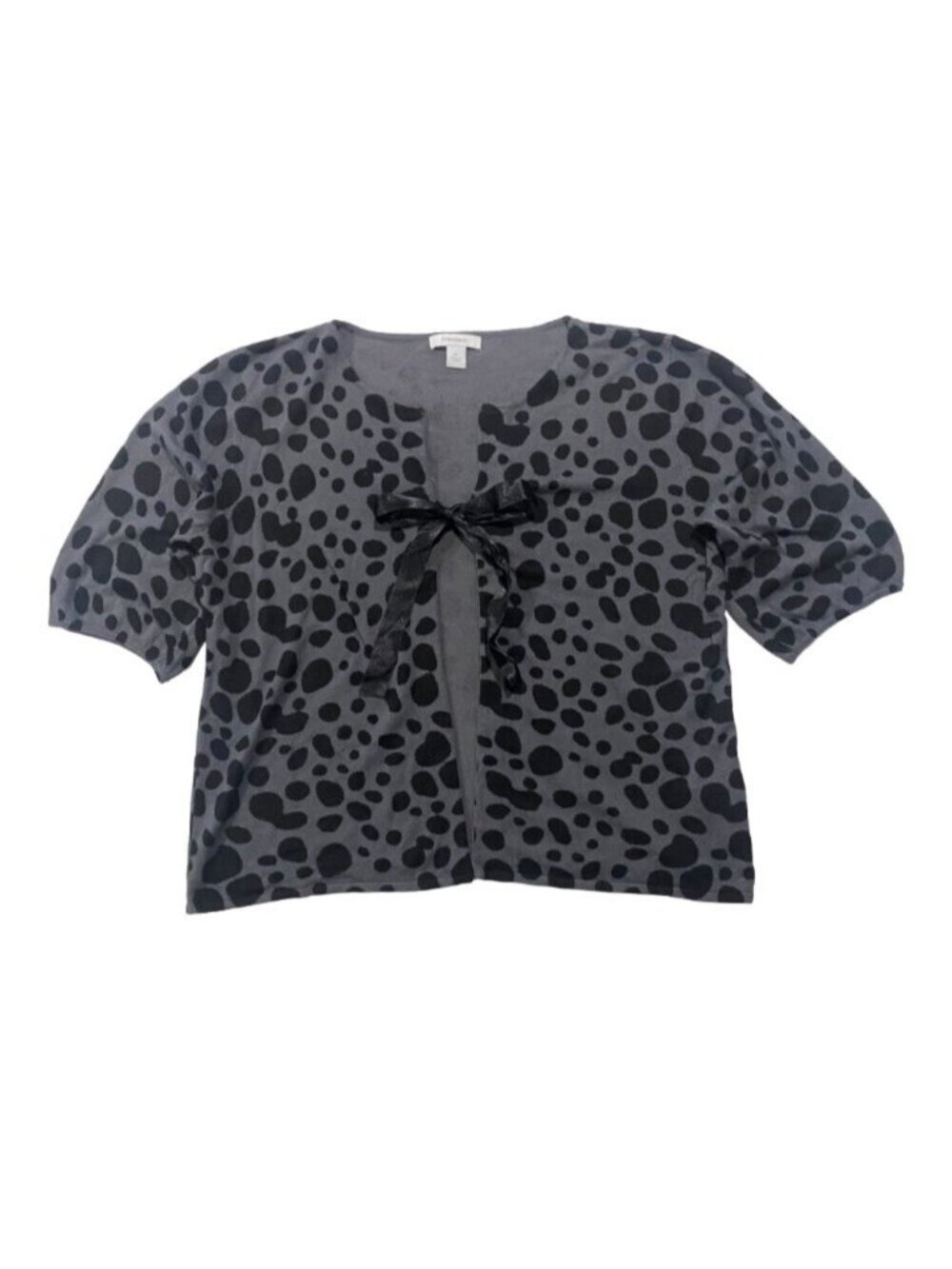 DRESSBARN Animal Print Short Sleeve Cardigan Grey Black XL Ribbon Bow Coquette‎